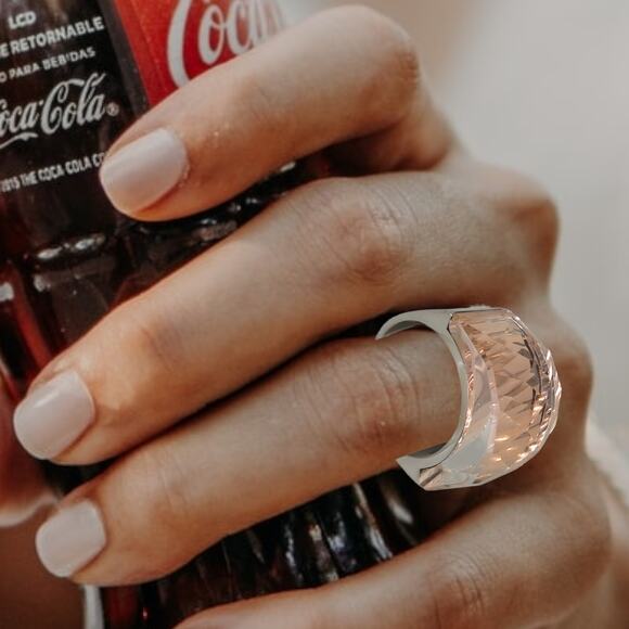 Stainless Steel Faceted Simulated Crystal Morganite Pink Color Prism Ring S7 - Picture 7 of 10